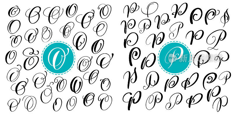 Set letter O, p Hand drawn vector flourish calligraphy。脚本的字体。用墨水写的孤立的信件。手写的画笔风格。手写字体标识包装设计海报
